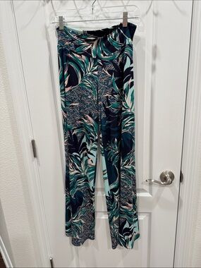 CLARA SUNWOO Navy Wide-Leg Tropical Print Pants with Teal Accents